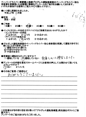 四條畷・大東ペーパードライバー講習出張教習所 お客様の声アンケート166